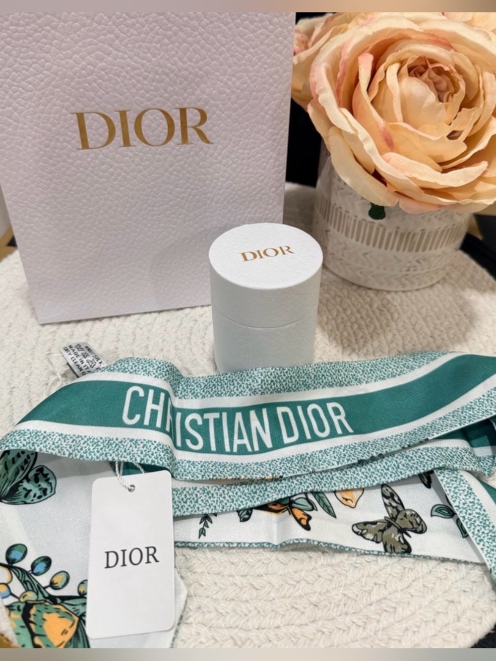 NWT Full Inclusion Dior Butterfly & Floral Silk Scarf Green & White